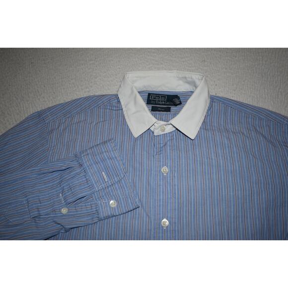 Polo Ralph Lauren Dress Shirt Rhodes Mens Large White Collar Blue Striped - Picture 1 of 6
